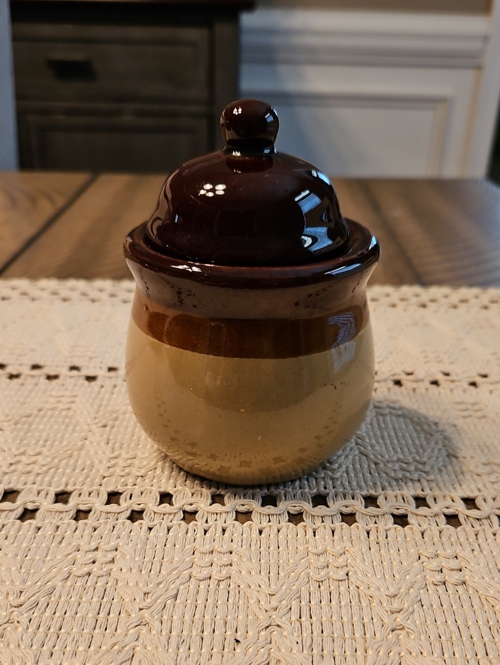 Vintage Two-Tone Ceramic Jar with Lid - Brown and Tan